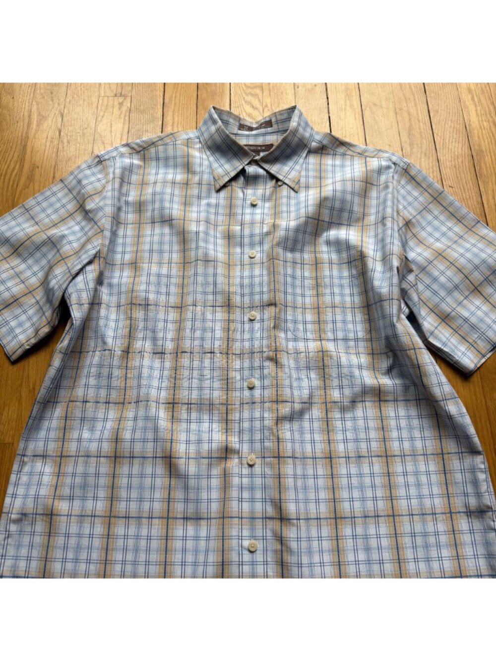 Nordstrom Size L Blue & Tan Plaid Wrinkle-Free Cotton Blend Button-Down Shirt - Picture 3 of 13